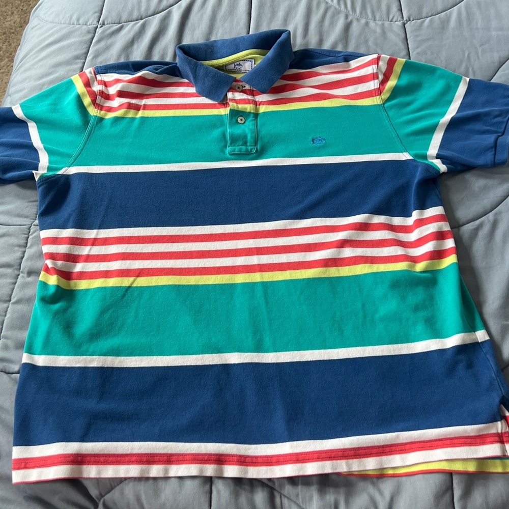 Southern Tide Polo Size Large Blue, Teal, White, Red and Neon Green Striped Polo